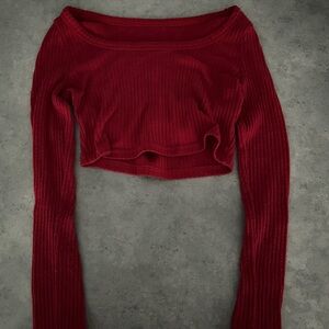Red Ribbed Long Sleeve Crop Top